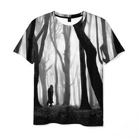 Мужская футболка 3D с принтом Утро в лесу в Новосибирске, 100% полиэфир | прямой крой, круглый вырез горловины, длина до линии бедер | black   white | fog | forest | man | morning | photo | silhouette | trees | деревья | лес | силуэт | туман | утро | фото | человек | черно   белое