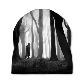 Шапка 3D с принтом Утро в лесу в Новосибирске, 100% полиэстер | универсальный размер, печать по всей поверхности изделия | black   white | fog | forest | man | morning | photo | silhouette | trees | деревья | лес | силуэт | туман | утро | фото | человек | черно   белое