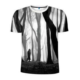 Мужская футболка 3D спортивная с принтом Утро в лесу в Новосибирске, 100% полиэстер с улучшенными характеристиками | приталенный силуэт, круглая горловина, широкие плечи, сужается к линии бедра | black   white | fog | forest | man | morning | photo | silhouette | trees | деревья | лес | силуэт | туман | утро | фото | человек | черно   белое