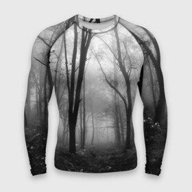 Мужской рашгард 3D с принтом Туман в лесу в Новосибирске,  |  | black   white | fog | forest | morning | photo | silhouette | trees | деревья | лес | силуэт | туман | утро | фото | черно   белое