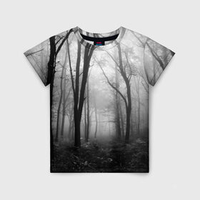 Детская футболка 3D с принтом Туман в лесу в Новосибирске, 100% гипоаллергенный полиэфир | прямой крой, круглый вырез горловины, длина до линии бедер, чуть спущенное плечо, ткань немного тянется | Тематика изображения на принте: black   white | fog | forest | morning | photo | silhouette | trees | деревья | лес | силуэт | туман | утро | фото | черно   белое