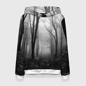 Женская толстовка 3D с принтом Туман в лесу в Новосибирске, 100% полиэстер  | двухслойный капюшон со шнурком для регулировки, мягкие манжеты на рукавах и по низу толстовки, спереди карман-кенгуру с мягким внутренним слоем. | black   white | fog | forest | morning | photo | silhouette | trees | деревья | лес | силуэт | туман | утро | фото | черно   белое