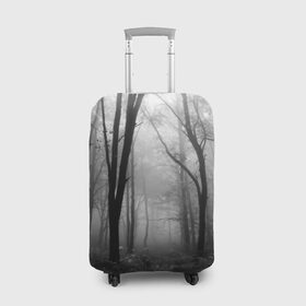 Чехол для чемодана 3D с принтом Туман в лесу в Новосибирске, 86% полиэфир, 14% спандекс | двустороннее нанесение принта, прорези для ручек и колес | black   white | fog | forest | morning | photo | silhouette | trees | деревья | лес | силуэт | туман | утро | фото | черно   белое