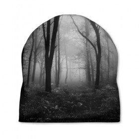Шапка 3D с принтом Туман в лесу в Новосибирске, 100% полиэстер | универсальный размер, печать по всей поверхности изделия | black   white | fog | forest | morning | photo | silhouette | trees | деревья | лес | силуэт | туман | утро | фото | черно   белое