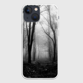 Чехол для iPhone 13 mini с принтом Туман в лесу в Новосибирске,  |  | black   white | fog | forest | morning | photo | silhouette | trees | деревья | лес | силуэт | туман | утро | фото | черно   белое