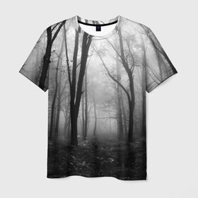 Мужская футболка 3D с принтом Туман в лесу в Новосибирске, 100% полиэфир | прямой крой, круглый вырез горловины, длина до линии бедер | black   white | fog | forest | morning | photo | silhouette | trees | деревья | лес | силуэт | туман | утро | фото | черно   белое