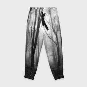 Детские брюки 3D с принтом Туман в лесу в Новосибирске, 100% полиэстер | манжеты по низу, эластичный пояс регулируется шнурком, по бокам два кармана без застежек, внутренняя часть кармана из мелкой сетки | black   white | fog | forest | morning | photo | silhouette | trees | деревья | лес | силуэт | туман | утро | фото | черно   белое