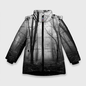 Зимняя куртка для девочек 3D с принтом Туман в лесу в Новосибирске, ткань верха — 100% полиэстер; подклад — 100% полиэстер, утеплитель — 100% полиэстер. | длина ниже бедра, удлиненная спинка, воротник стойка и отстегивающийся капюшон. Есть боковые карманы с листочкой на кнопках, утяжки по низу изделия и внутренний карман на молнии. 

Предусмотрены светоотражающий принт на спинке, радужный светоотражающий элемент на пуллере молнии и на резинке для утяжки. | black   white | fog | forest | morning | photo | silhouette | trees | деревья | лес | силуэт | туман | утро | фото | черно   белое