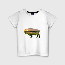Детская футболка хлопок с принтом бизон закат в Новосибирске, 100% хлопок | круглый вырез горловины, полуприлегающий силуэт, длина до линии бедер | бизон | закат | залив | зелень | лето | луг | поле | солнце