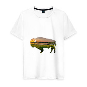 Мужская футболка хлопок с принтом бизон закат в Новосибирске, 100% хлопок | прямой крой, круглый вырез горловины, длина до линии бедер, слегка спущенное плечо. | бизон | закат | залив | зелень | лето | луг | поле | солнце