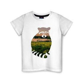 Детская футболка хлопок с принтом енот закат в Новосибирске, 100% хлопок | круглый вырез горловины, полуприлегающий силуэт, длина до линии бедер | енот | закат | залив | зелень | лето | луг | поле | солнце