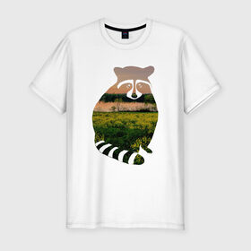Мужская футболка премиум с принтом енот закат в Новосибирске, 92% хлопок, 8% лайкра | приталенный силуэт, круглый вырез ворота, длина до линии бедра, короткий рукав | Тематика изображения на принте: енот | закат | залив | зелень | лето | луг | поле | солнце