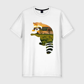Мужская футболка премиум с принтом енот закат в Новосибирске, 92% хлопок, 8% лайкра | приталенный силуэт, круглый вырез ворота, длина до линии бедра, короткий рукав | енот | закат | залив | зелень | лето | луг | поле | солнце