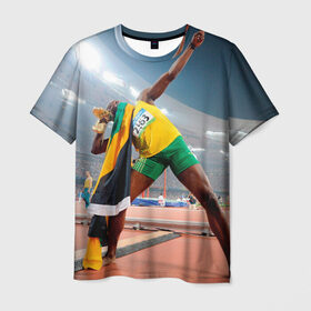 Мужская футболка 3D с принтом Болт в Новосибирске, 100% полиэфир | прямой крой, круглый вырез горловины, длина до линии бедер | bolt | атлетика | бег | олимпиада | усэйн
