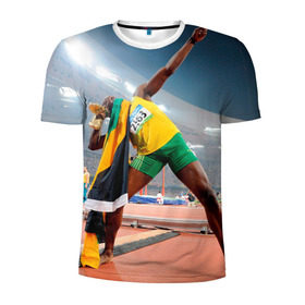 Мужская футболка 3D спортивная с принтом Болт в Новосибирске, 100% полиэстер с улучшенными характеристиками | приталенный силуэт, круглая горловина, широкие плечи, сужается к линии бедра | Тематика изображения на принте: bolt | атлетика | бег | олимпиада | усэйн