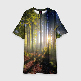 Детское платье 3D с принтом Утро в лесу в Новосибирске, 100% полиэстер | прямой силуэт, чуть расширенный к низу. Круглая горловина, на рукавах — воланы | Тематика изображения на принте: bright | fog | forest | morning | sun | tree | trees | дерево | деревья | лес | солнце | туман | утро | яркое