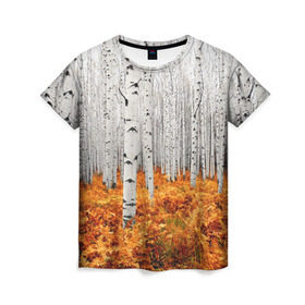 Женская футболка 3D с принтом Березовая роща в Новосибирске, 100% полиэфир ( синтетическое хлопкоподобное полотно) | прямой крой, круглый вырез горловины, длина до линии бедер | birch | birch grove | ferns | forest | trees | березовая | березы | деревья | лес | папоротник | роща