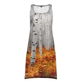 Платье-майка 3D с принтом Березовая роща в Новосибирске, 100% полиэстер | полуприлегающий силуэт, широкие бретели, круглый вырез горловины, удлиненный подол сзади. | birch | birch grove | ferns | forest | trees | березовая | березы | деревья | лес | папоротник | роща