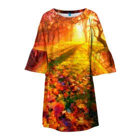 Детское платье 3D с принтом Осень в Новосибирске, 100% полиэстер | прямой силуэт, чуть расширенный к низу. Круглая горловина, на рукавах — воланы | autumn | bright | colors | forest | trees | деревья | краски | лес | лучи | осень | солнце | цвета | яркие