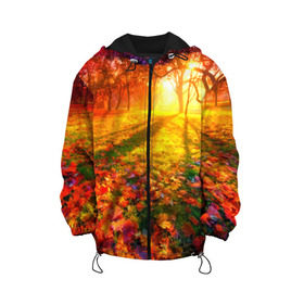 Детская куртка 3D с принтом Осень в Новосибирске, 100% полиэстер | застежка — молния, подол и капюшон оформлены резинкой с фиксаторами, по бокам — два кармана без застежек, один потайной карман на груди, плотность верхнего слоя — 90 г/м2; плотность флисового подклада — 260 г/м2 | Тематика изображения на принте: autumn | bright | colors | forest | trees | деревья | краски | лес | лучи | осень | солнце | цвета | яркие