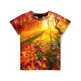 Детская футболка 3D с принтом Осень в Новосибирске, 100% гипоаллергенный полиэфир | прямой крой, круглый вырез горловины, длина до линии бедер, чуть спущенное плечо, ткань немного тянется | Тематика изображения на принте: autumn | bright | colors | forest | trees | деревья | краски | лес | лучи | осень | солнце | цвета | яркие