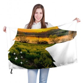 Флаг 3D с принтом лиса закат в Новосибирске, 100% полиэстер | плотность ткани — 95 г/м2, размер — 67 х 109 см. Принт наносится с одной стороны | закат | залив | звезды | зелень | лето | лис | лиса | луг | поле | солнце