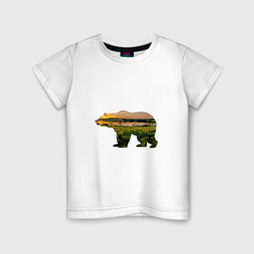 Детская футболка хлопок с принтом медведь закат в Новосибирске, 100% хлопок | круглый вырез горловины, полуприлегающий силуэт, длина до линии бедер | закат | залив | зелень | лето | луг | медведь | мишка | поле | солнце