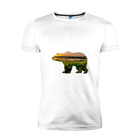 Мужская футболка премиум с принтом медведь закат в Новосибирске, 92% хлопок, 8% лайкра | приталенный силуэт, круглый вырез ворота, длина до линии бедра, короткий рукав | закат | залив | зелень | лето | луг | медведь | мишка | поле | солнце