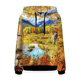 Женская толстовка 3D с принтом Горное озеро в Новосибирске, 100% полиэстер  | двухслойный капюшон со шнурком для регулировки, мягкие манжеты на рукавах и по низу толстовки, спереди карман-кенгуру с мягким внутренним слоем. | autumn | bright | clouds | colors | forest | mountains | river | trees | горы | деревья | краски | лес | облака | осень | река | цвета | яркие