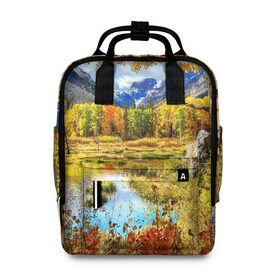Женский рюкзак 3D с принтом Горное озеро в Новосибирске, 100% полиэстер | лямки с регулируемой длиной, сверху ручки, чтобы рюкзак нести как сумку. Основное отделение закрывается на молнию, как и внешний карман. Внутри два дополнительных кармана, один из которых закрывается на молнию. По бокам два дополнительных кармашка, куда поместится маленькая бутылочка
 | autumn | bright | clouds | colors | forest | mountains | river | trees | горы | деревья | краски | лес | облака | осень | река | цвета | яркие