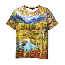 Мужская футболка 3D с принтом Горное озеро в Новосибирске, 100% полиэфир | прямой крой, круглый вырез горловины, длина до линии бедер | autumn | bright | clouds | colors | forest | mountains | river | trees | горы | деревья | краски | лес | облака | осень | река | цвета | яркие