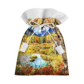 Подарочный 3D мешок с принтом Горное озеро в Новосибирске, 100% полиэстер | Размер: 29*39 см | autumn | bright | clouds | colors | forest | mountains | river | trees | горы | деревья | краски | лес | облака | осень | река | цвета | яркие