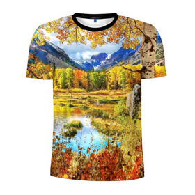 Мужская футболка 3D спортивная с принтом Горное озеро в Новосибирске, 100% полиэстер с улучшенными характеристиками | приталенный силуэт, круглая горловина, широкие плечи, сужается к линии бедра | autumn | bright | clouds | colors | forest | mountains | river | trees | горы | деревья | краски | лес | облака | осень | река | цвета | яркие