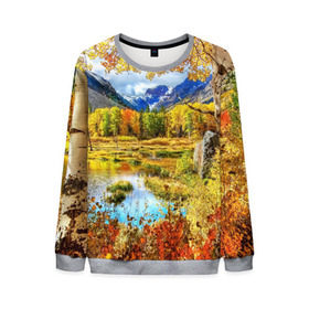 Мужской свитшот 3D с принтом Горное озеро в Новосибирске, 100% полиэстер с мягким внутренним слоем | круглый вырез горловины, мягкая резинка на манжетах и поясе, свободная посадка по фигуре | Тематика изображения на принте: autumn | bright | clouds | colors | forest | mountains | river | trees | горы | деревья | краски | лес | облака | осень | река | цвета | яркие