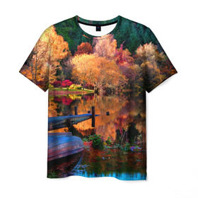 Мужская футболка 3D с принтом Осень в Новосибирске, 100% полиэфир | прямой крой, круглый вырез горловины, длина до линии бедер | Тематика изображения на принте: autumn | boat | bright | colors | forest | paint | river | trees | деревья | краски | лес | лодка | осень | река | цвета | яркие
