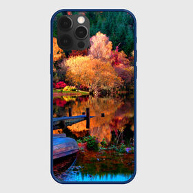 Чехол для iPhone 12 Pro с принтом Осень в Новосибирске, силикон | область печати: задняя сторона чехла, без боковых панелей | autumn | boat | bright | colors | forest | paint | river | trees | деревья | краски | лес | лодка | осень | река | цвета | яркие