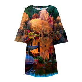 Детское платье 3D с принтом Осень в Новосибирске, 100% полиэстер | прямой силуэт, чуть расширенный к низу. Круглая горловина, на рукавах — воланы | autumn | boat | bright | colors | forest | paint | river | trees | деревья | краски | лес | лодка | осень | река | цвета | яркие