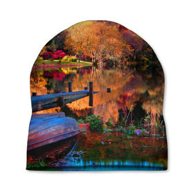 Шапка 3D с принтом Осень в Новосибирске, 100% полиэстер | универсальный размер, печать по всей поверхности изделия | Тематика изображения на принте: autumn | boat | bright | colors | forest | paint | river | trees | деревья | краски | лес | лодка | осень | река | цвета | яркие