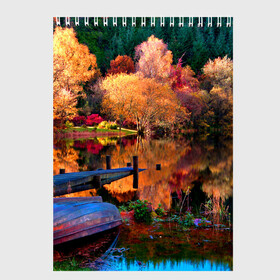 Скетчбук с принтом Осень в Новосибирске, 100% бумага
 | 48 листов, плотность листов — 100 г/м2, плотность картонной обложки — 250 г/м2. Листы скреплены сверху удобной пружинной спиралью | autumn | boat | bright | colors | forest | paint | river | trees | деревья | краски | лес | лодка | осень | река | цвета | яркие