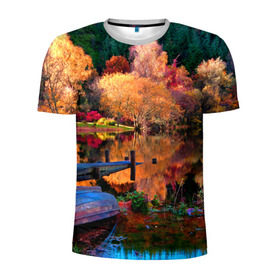 Мужская футболка 3D спортивная с принтом Осень в Новосибирске, 100% полиэстер с улучшенными характеристиками | приталенный силуэт, круглая горловина, широкие плечи, сужается к линии бедра | Тематика изображения на принте: autumn | boat | bright | colors | forest | paint | river | trees | деревья | краски | лес | лодка | осень | река | цвета | яркие