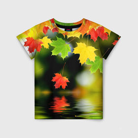 Детская футболка 3D с принтом Осень в Новосибирске, 100% гипоаллергенный полиэфир | прямой крой, круглый вырез горловины, длина до линии бедер, чуть спущенное плечо, ткань немного тянется | Тематика изображения на принте: autumn | bright | color | forest | leaves | maple | paint | reflection | river | trees | деревья | клён | краски | лес | листья | осень | отражение | река | цвета | яркие