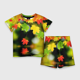 Детский костюм с шортами 3D с принтом Осень в Новосибирске,  |  | autumn | bright | color | forest | leaves | maple | paint | reflection | river | trees | деревья | клён | краски | лес | листья | осень | отражение | река | цвета | яркие
