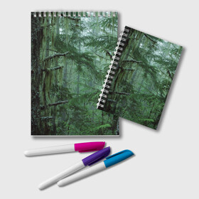 Блокнот с принтом Дремучий лес в Новосибирске, 100% бумага | 48 листов, плотность листов — 60 г/м2, плотность картонной обложки — 250 г/м2. Листы скреплены удобной пружинной спиралью. Цвет линий — светло-серый
 | Тематика изображения на принте: camouflage | dense | fog | forest | spruce | tree | дремучий | ёлка | ельник | камуфляж | лес | маскировка | туман