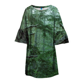 Детское платье 3D с принтом Дремучий лес в Новосибирске, 100% полиэстер | прямой силуэт, чуть расширенный к низу. Круглая горловина, на рукавах — воланы | Тематика изображения на принте: camouflage | dense | fog | forest | spruce | tree | дремучий | ёлка | ельник | камуфляж | лес | маскировка | туман