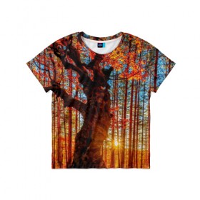 Детская футболка 3D с принтом Осень в Новосибирске, 100% гипоаллергенный полиэфир | прямой крой, круглый вырез горловины, длина до линии бедер, чуть спущенное плечо, ткань немного тянется | Тематика изображения на принте: autumn | bright | colors | forest | trees | деревья | краски | лес | лучи | осень | солнце | цвета | яркие