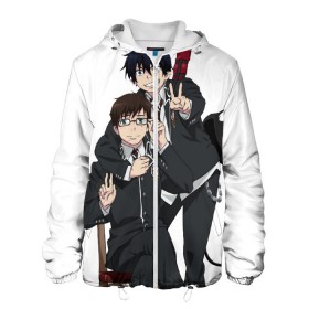 Мужская куртка 3D с принтом Blue Exorcist в Новосибирске, ткань верха — 100% полиэстер, подклад — флис | прямой крой, подол и капюшон оформлены резинкой с фиксаторами, два кармана без застежек по бокам, один большой потайной карман на груди. Карман на груди застегивается на липучку | Тематика изображения на принте: ao no exorcist | blue exorcist | демон | сатана | синий экзорцист