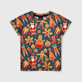 Детская футболка 3D с принтом Рождество в Новосибирске, 100% гипоаллергенный полиэфир | прямой крой, круглый вырез горловины, длина до линии бедер, чуть спущенное плечо, ткань немного тянется | колокольчик | олень | паттерн | свеча | снежинка | фон | шарик