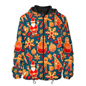 Мужская куртка 3D с принтом Рождество в Новосибирске, ткань верха — 100% полиэстер, подклад — флис | прямой крой, подол и капюшон оформлены резинкой с фиксаторами, два кармана без застежек по бокам, один большой потайной карман на груди. Карман на груди застегивается на липучку | колокольчик | олень | паттерн | свеча | снежинка | фон | шарик