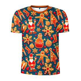 Мужская футболка 3D спортивная с принтом Рождество в Новосибирске, 100% полиэстер с улучшенными характеристиками | приталенный силуэт, круглая горловина, широкие плечи, сужается к линии бедра | колокольчик | олень | паттерн | свеча | снежинка | фон | шарик