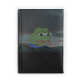 Обложка для автодокументов с принтом Sad frog в Новосибирске, натуральная кожа |  размер 19,9*13 см; внутри 4 больших “конверта” для документов и один маленький отдел — туда идеально встанут права | Тематика изображения на принте: pepe | пепе